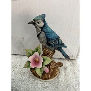 Blue Jay By Andrea 9386‎ Hand-Painted Porcelain Figurine On Tree Stump Base